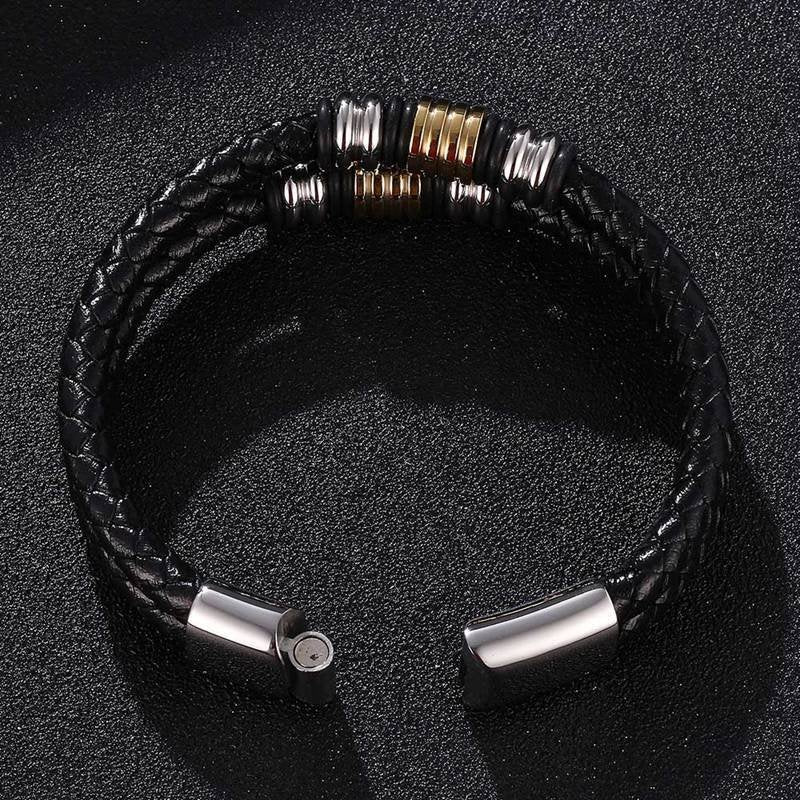 Double-layer Stainless Steel Braided Leather Men Bracelet