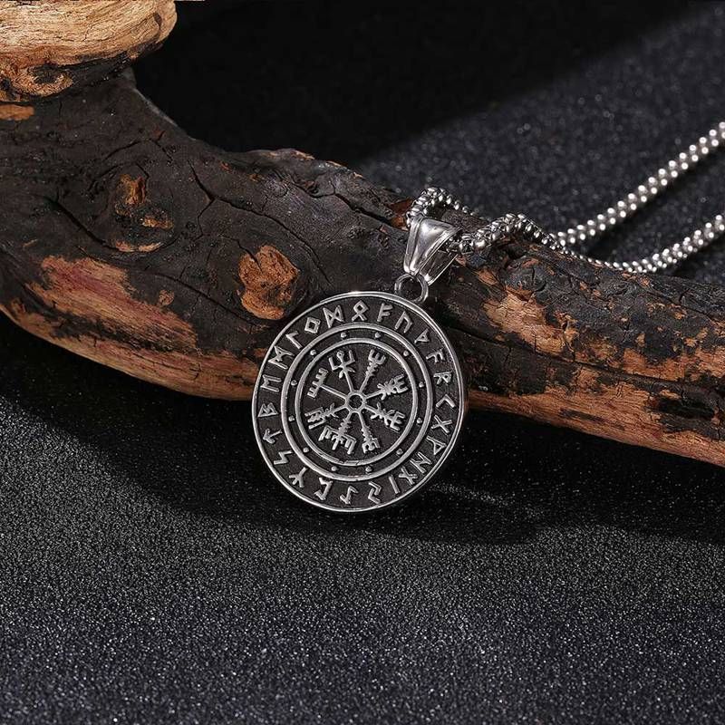 60cm Chain Length Unisex Retro Necklaces Viking Icelandic Rune Round Pendant