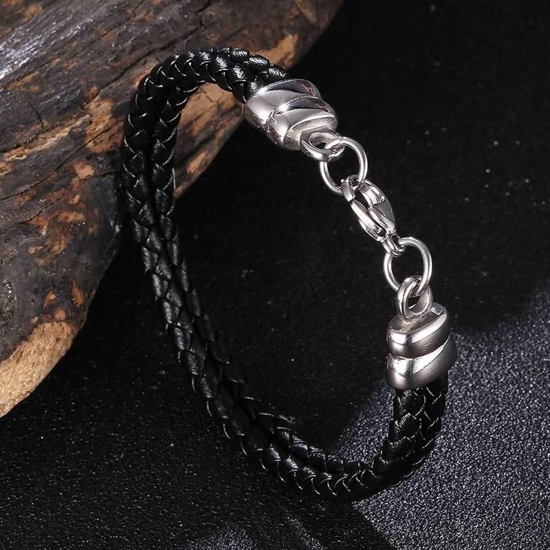Black Double Braided Leather Bracelets Unisex Vintage Lobster Claw Clasp Bangles