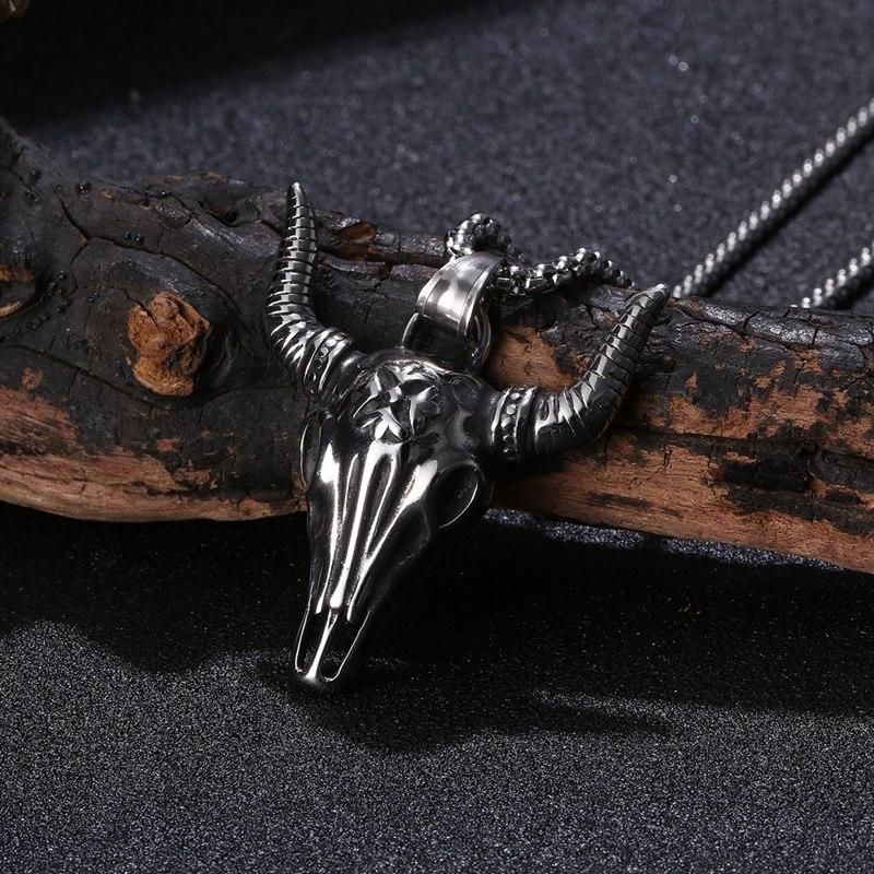 Bull Skull Pendant Necklace Stainless Steel Buffalo Chain Necklaces for Men