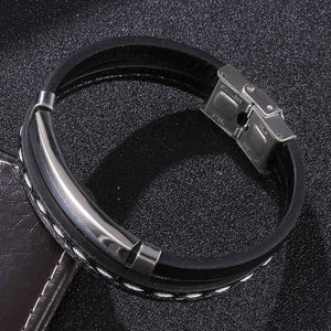 Black Multi Layer Leather Bracelets Stainless Steel Customizable Name Plate