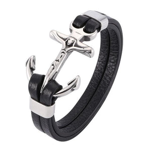 Black Stacked Anchor Charm Bracelets Classic Cross Leather Bangles Genuine