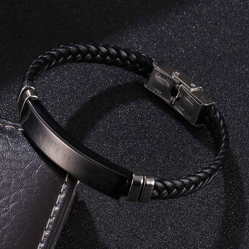Black Microfiber Leather Braided Bracelets with Titanium Steel ID Name Plate