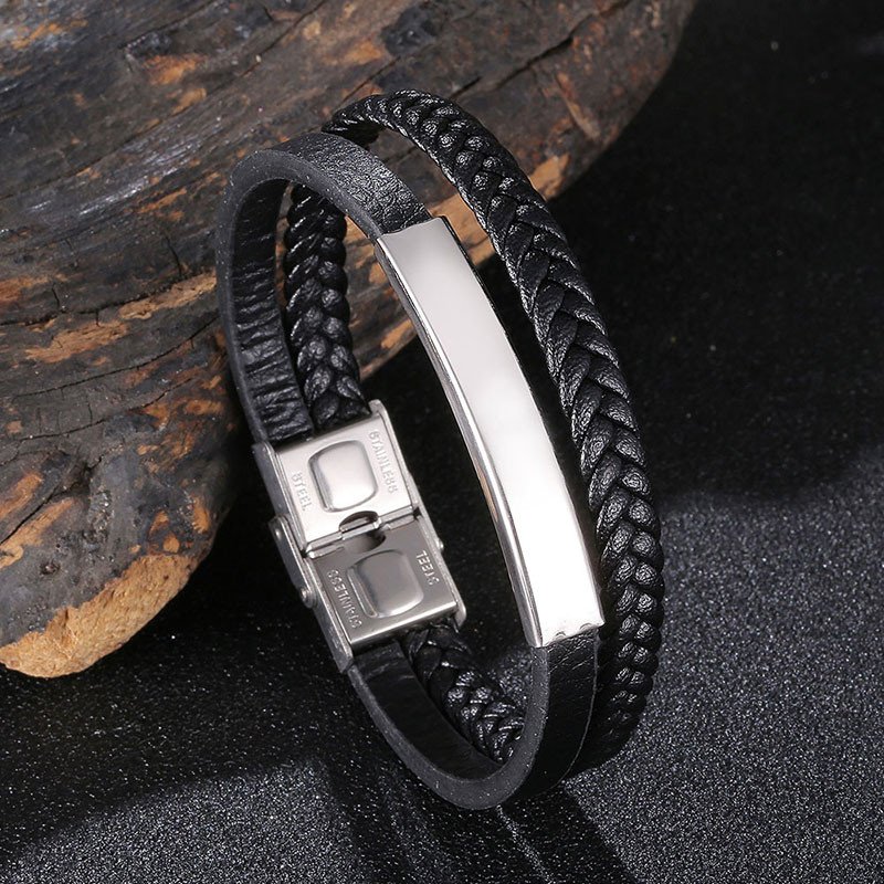 Customizable Engraving Trendy Charm Bracelets Black Braided Leather Wristband