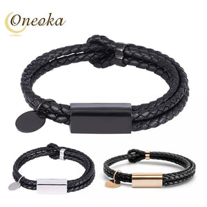 Black Double Layer Genuine Leather Woven Charm Bracelets with Engraved Plate