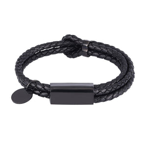 Black Double Layer Genuine Leather Woven Charm Bracelets with Engraved Plate