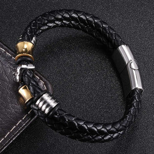 Black Double Layer Genuine Leather Woven Bracelets with Four Geometry Beads