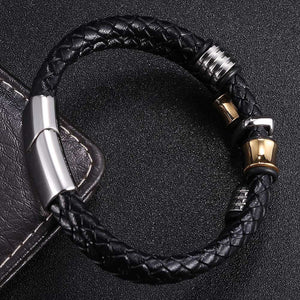 Black Double Layer Genuine Leather Woven Bracelets with Four Geometry Beads