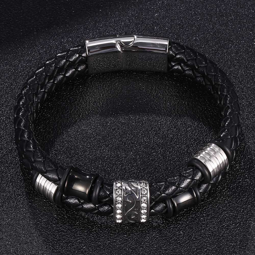 Black Leather Bracelets with Magnetic Buckle Double Layer Men's Woven Bracelet