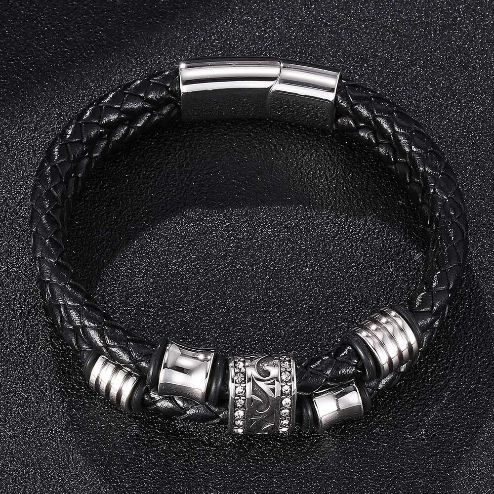 Black Leather Bracelets with Magnetic Buckle Double Layer Men's Woven Bracelet