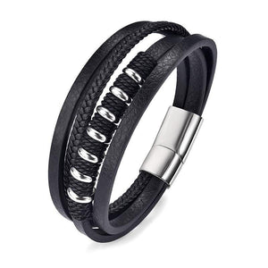 Black Multilayer Bracelet in Stainless Steel Clasp Stylish Leather Cord Bangle