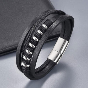Black Multilayer Bracelet in Stainless Steel Clasp Stylish Leather Cord Bangle