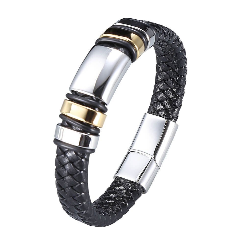 Durable Geometric Bracelet for Men Classic Black Handwoven Real Leather Bangle