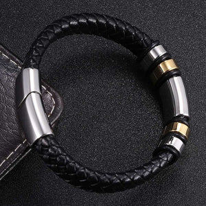 Durable Geometric Bracelet for Men Classic Black Handwoven Real Leather Bangle