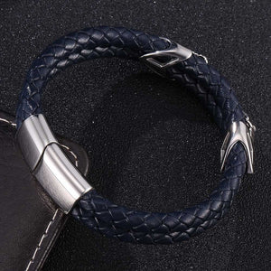 Double Arrow Charm Bracelet for Men Dark Blue Leather Cord Braided Wristband