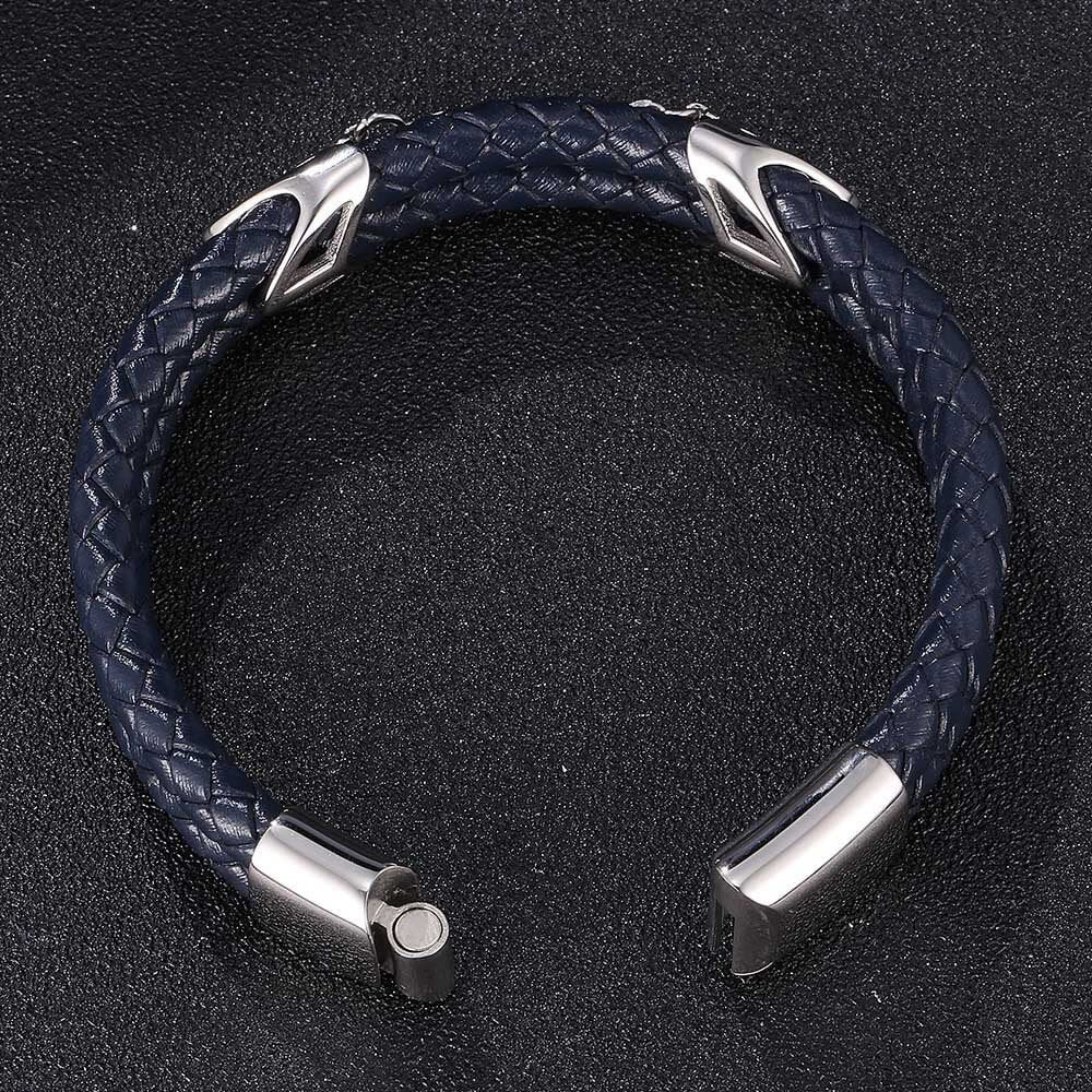 Double Arrow Charm Bracelet for Men Dark Blue Leather Cord Braided Wristband