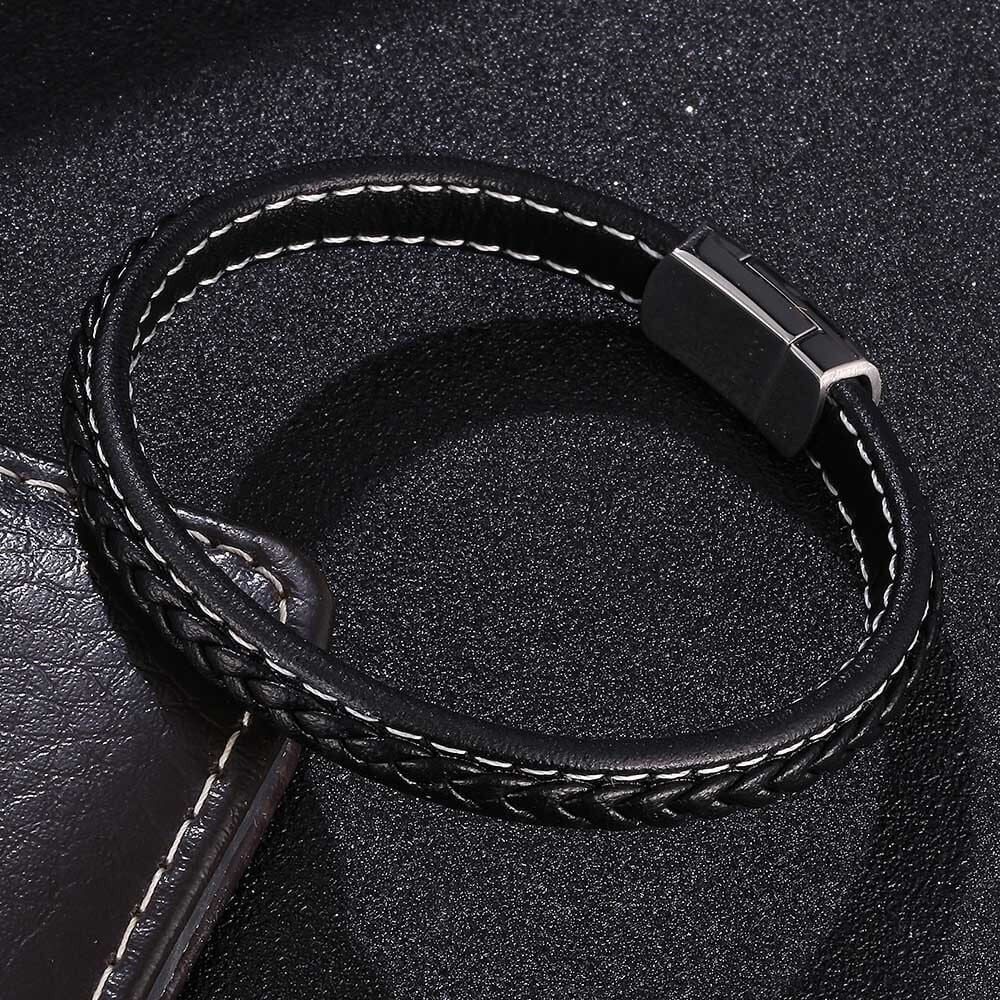 Classic Handwoven Simple Bracelet Men Genuine Leather Strap with White Wire