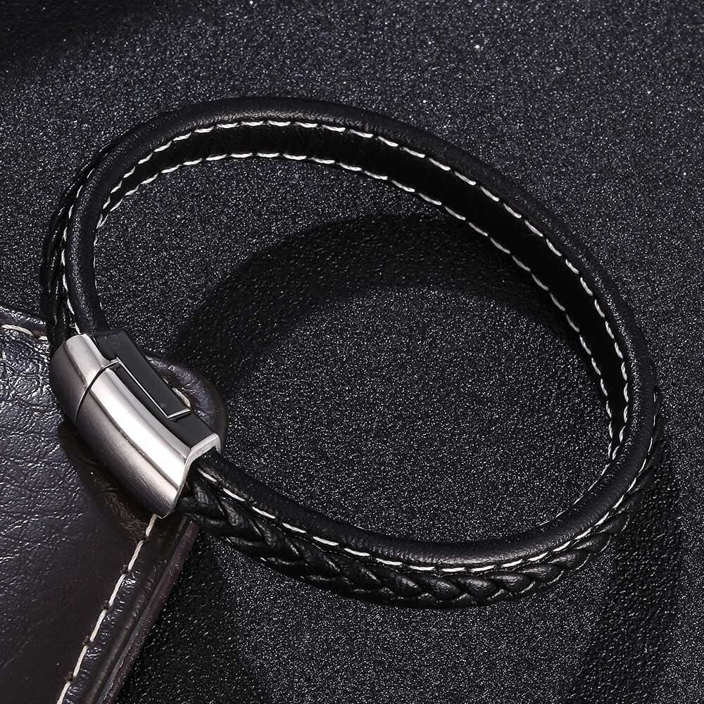 Classic Handwoven Simple Bracelet Men Genuine Leather Strap with White Wire