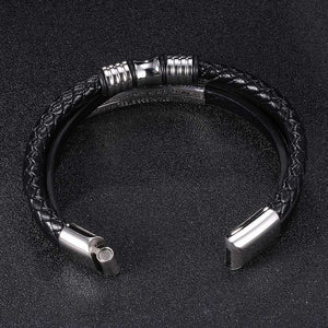 Black Multilayer Leather Bangle Fashion Stainless Steel Beaded Bracelet Men